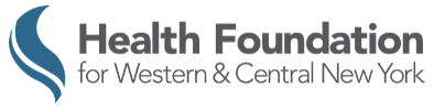 Logo for Health Foundation for Western & Central New York. Text is above an abstract blue design.