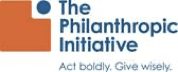 Logo for The Philanthropic Initiative, orange square with blue dot, blue text,