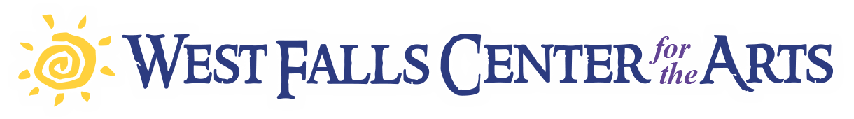 Logo for West Falls Center for the Arts. Yellow sun design, blue text.