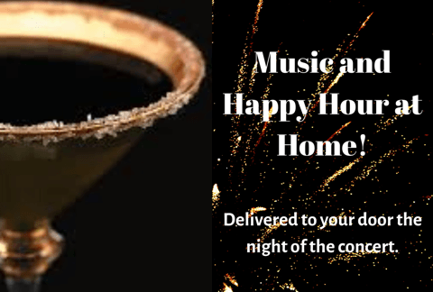 Cocktail glass with sugared rim beside fireworks and text: Music and Happy Hour at Home! Delivered night of concert.