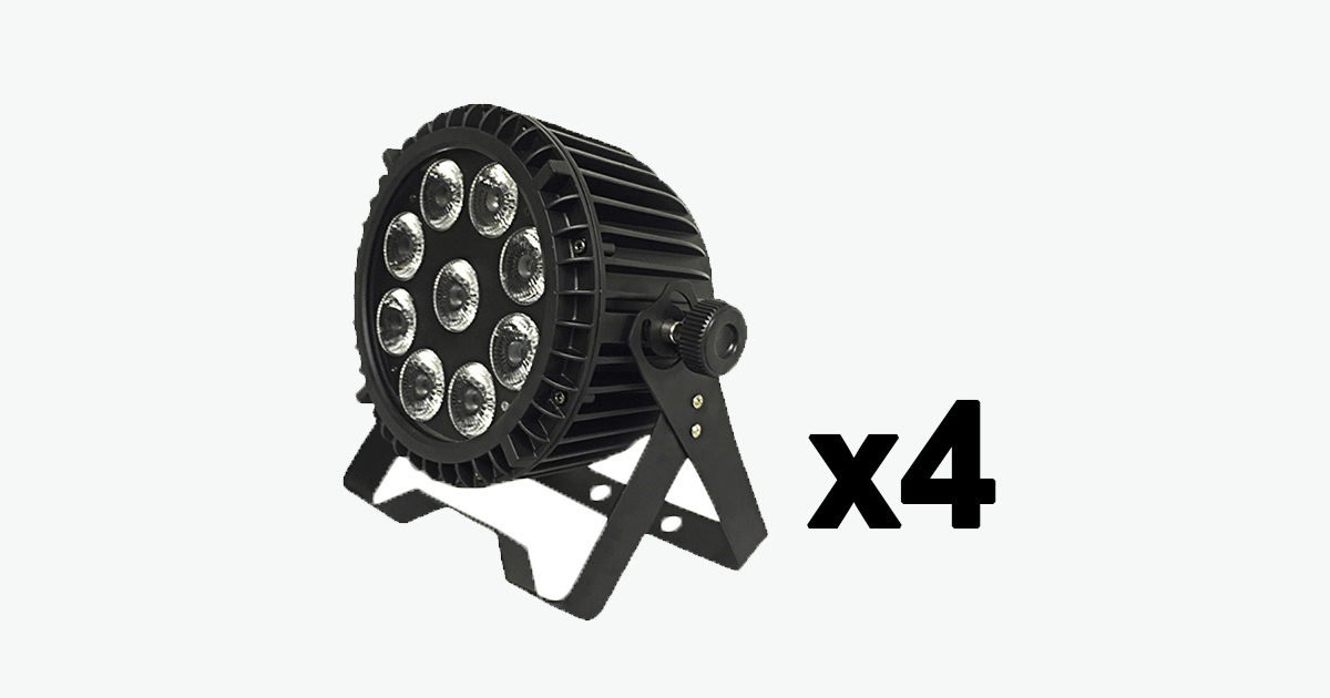 Vier zwarte LED-podiumlampen met vloerstatieven.