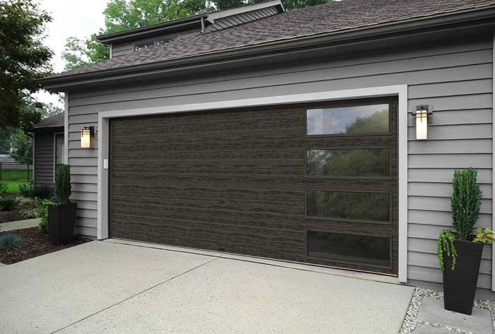 Modern flush panel garage door with horizontal window strip and woodgrain  dark brown color