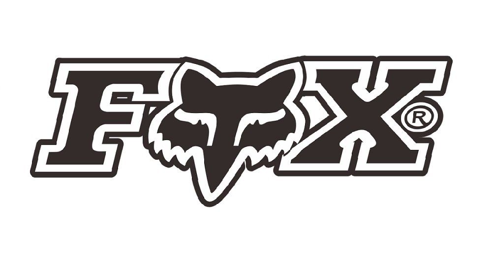 Logo Fox Racing: testo in bianco e nero, testa di volpe stilizzata al centro.