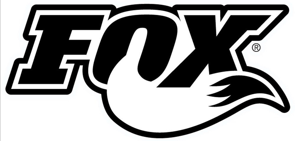 Logo della volpe in bianco e nero con disegno della coda e contorno bianco.