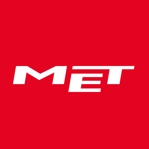 Logo MET, testo bianco su sfondo rosso.