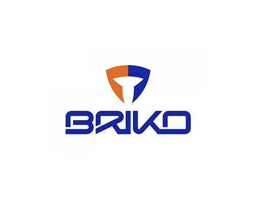 Logo BRICO: scudo blu e arancione sopra il marchio stilizzato blu.