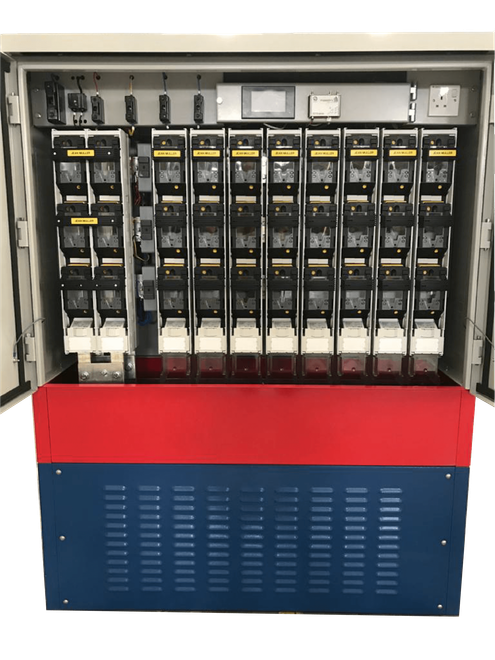 Electrical panel with rows of circuit breakers, red and blue casing, inside a cabinet.