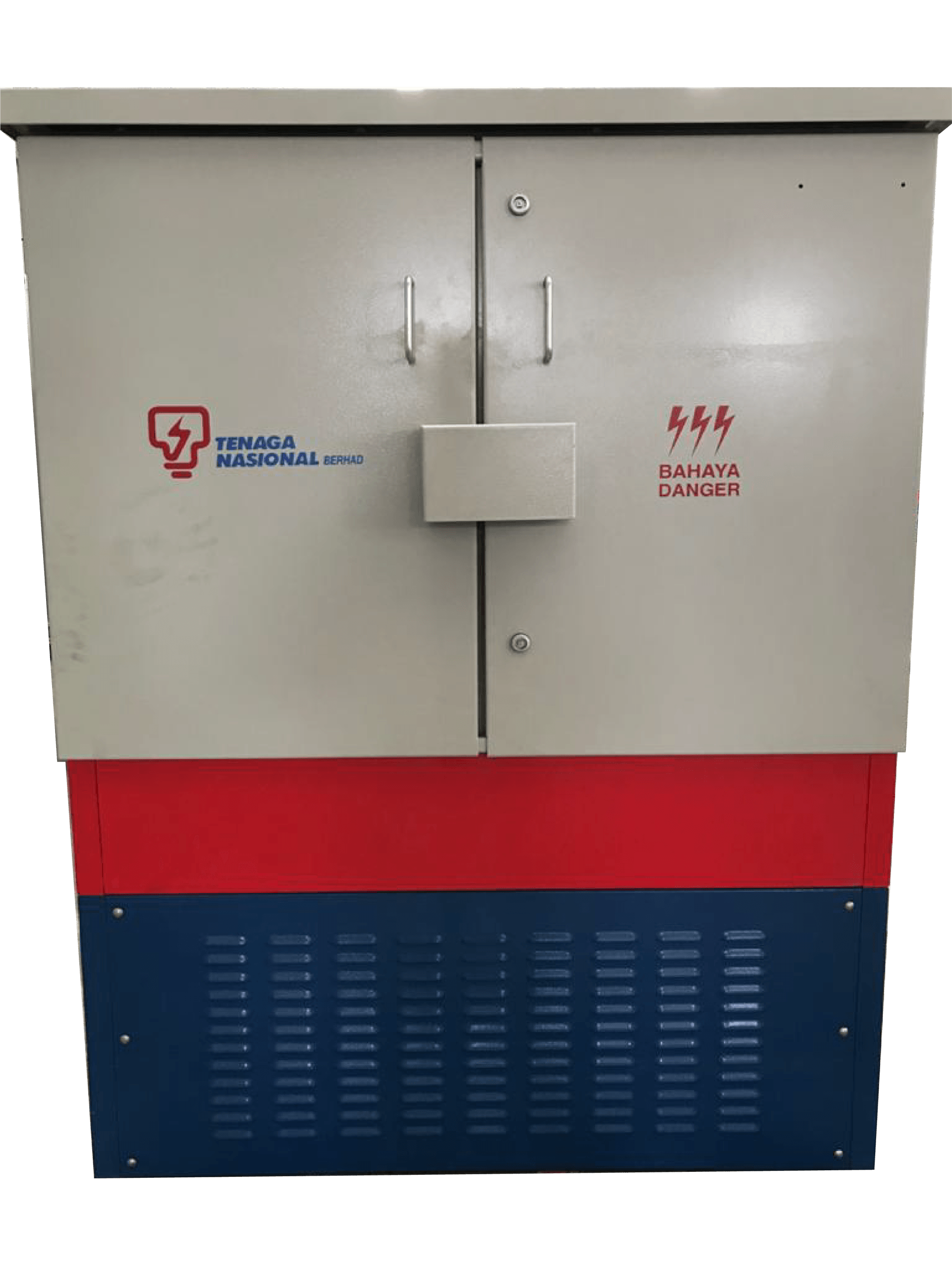 Electrical cabinet with red and blue base; light gray top with logos and warnings.