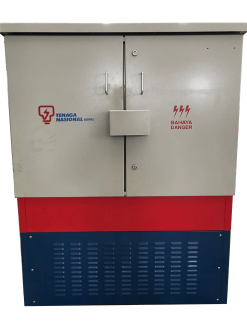 Electrical cabinet, beige with red and blue sections, marked with logos and warnings.