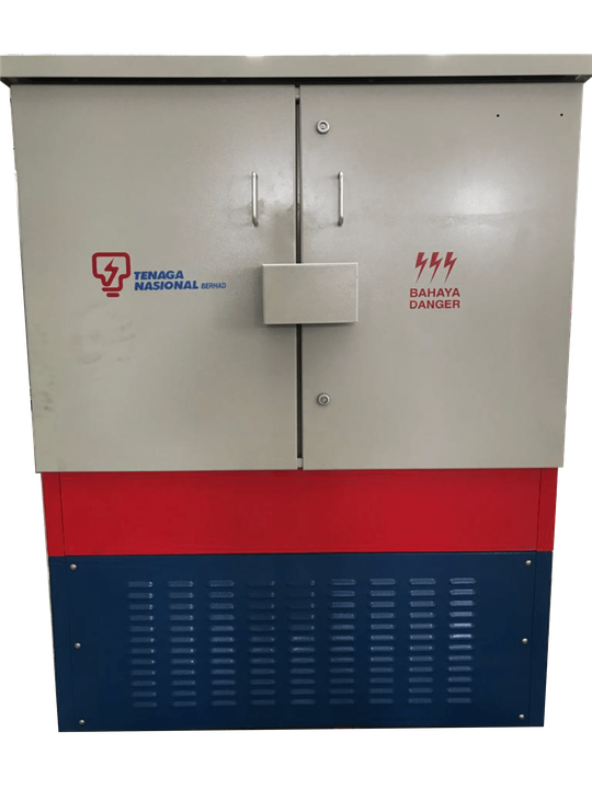 Electrical cabinet, beige with red and blue sections, marked with logos and warnings.