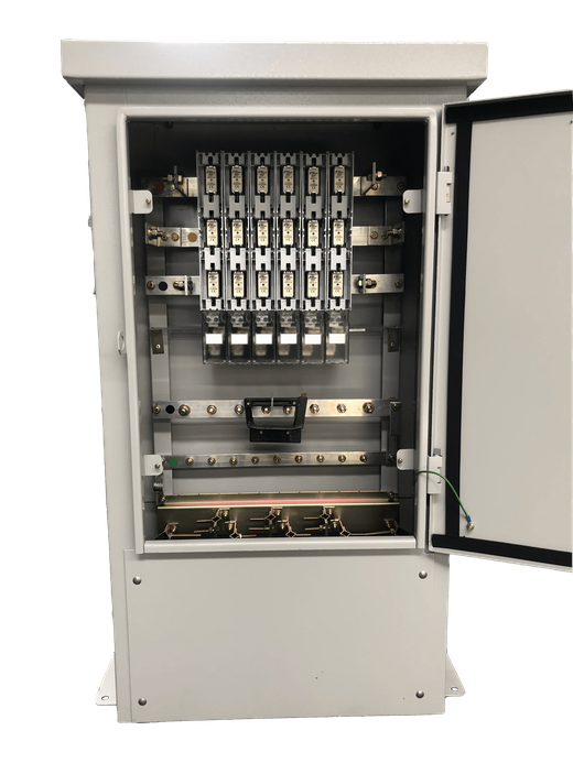 Metal electrical enclosure with open door, exposing internal components.