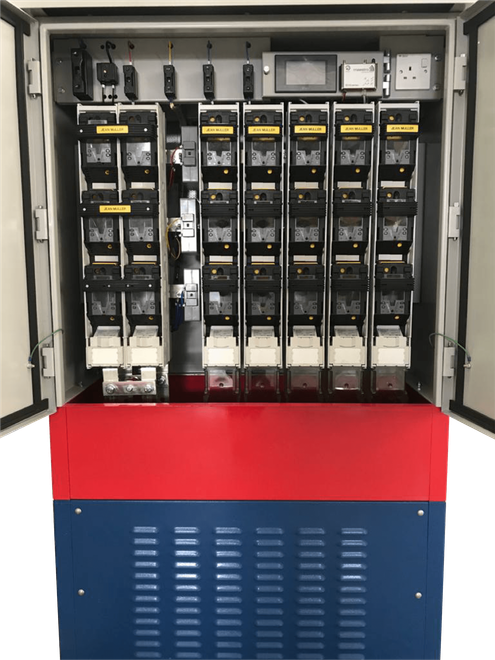 Electrical control panel with multiple circuit breakers, blue and red housing, open doors.