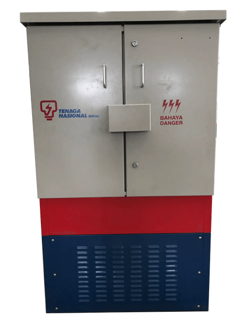 Gray electrical cabinet with red and blue base; logo and warnings on the front.