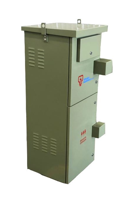Green electrical transformer box with vents and a small access panel.