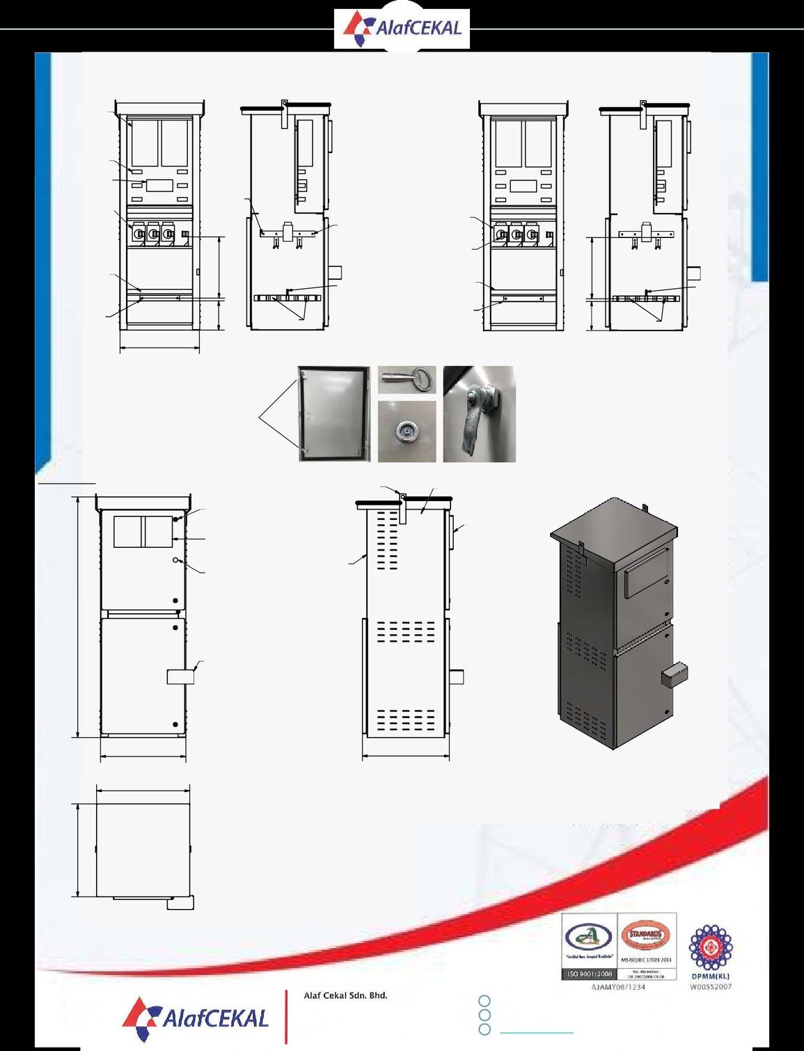 Diagram of electrical distribution cabinet, featuring various views, measurements, and cabinet components.