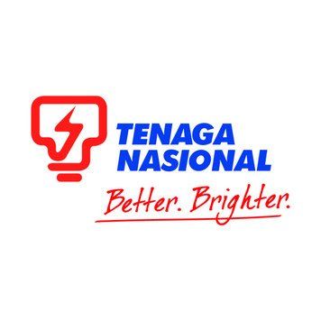 Logo for Tenaga Nasional: red lightbulb with lightning, blue text 