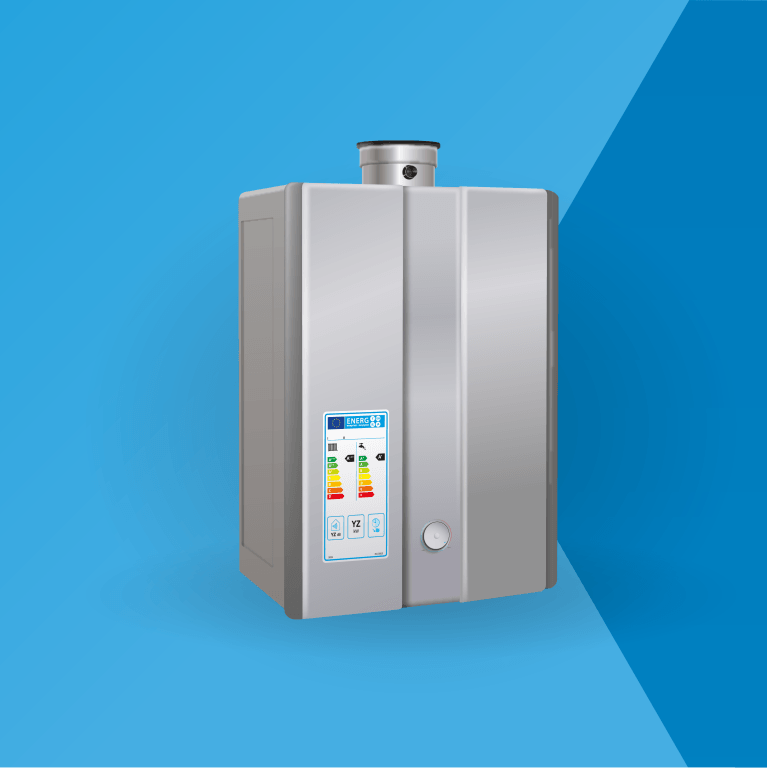 a stainless steel water heater is sitting on a blue surface .