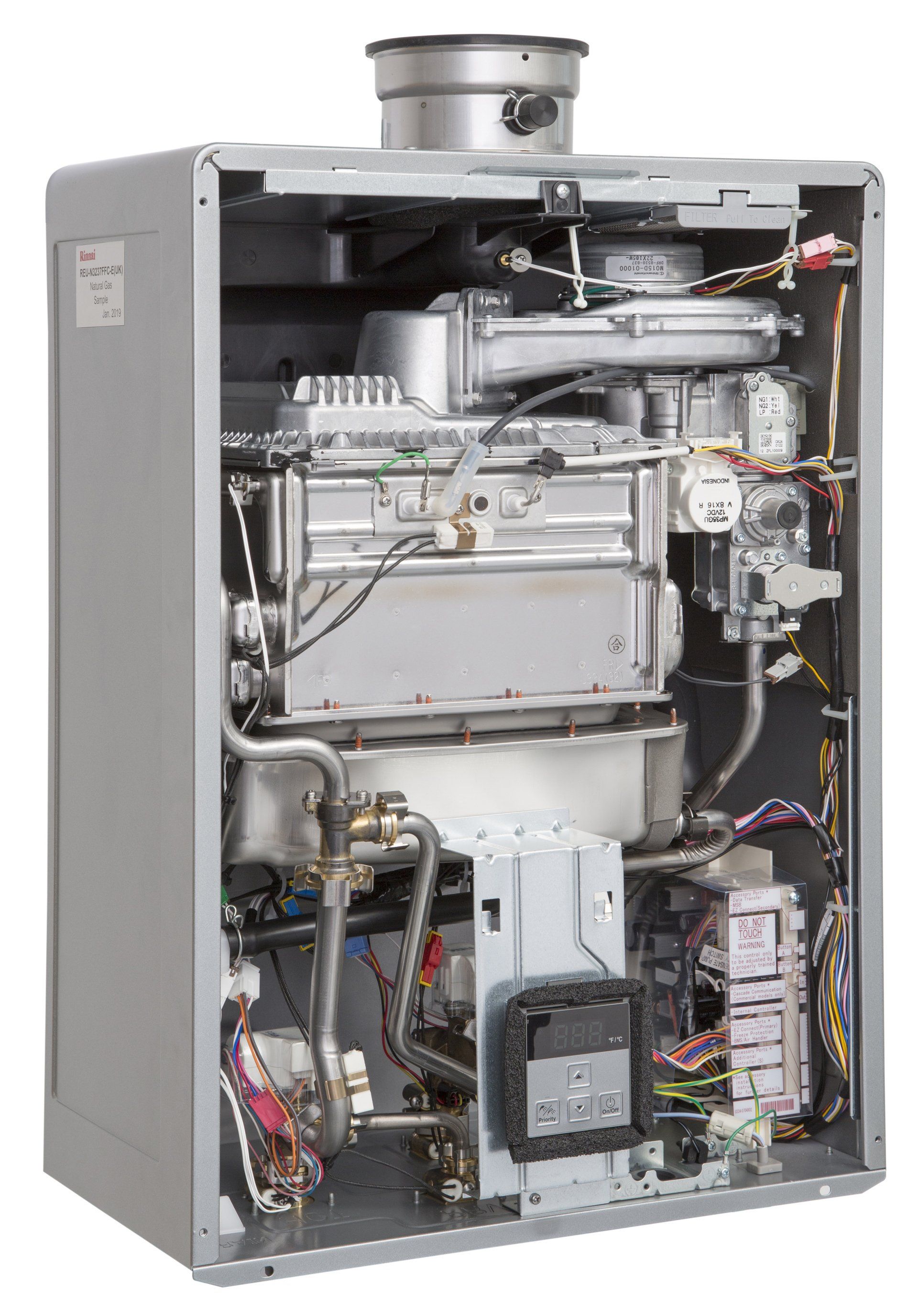 the inside of a water heater is shown with the door open .
