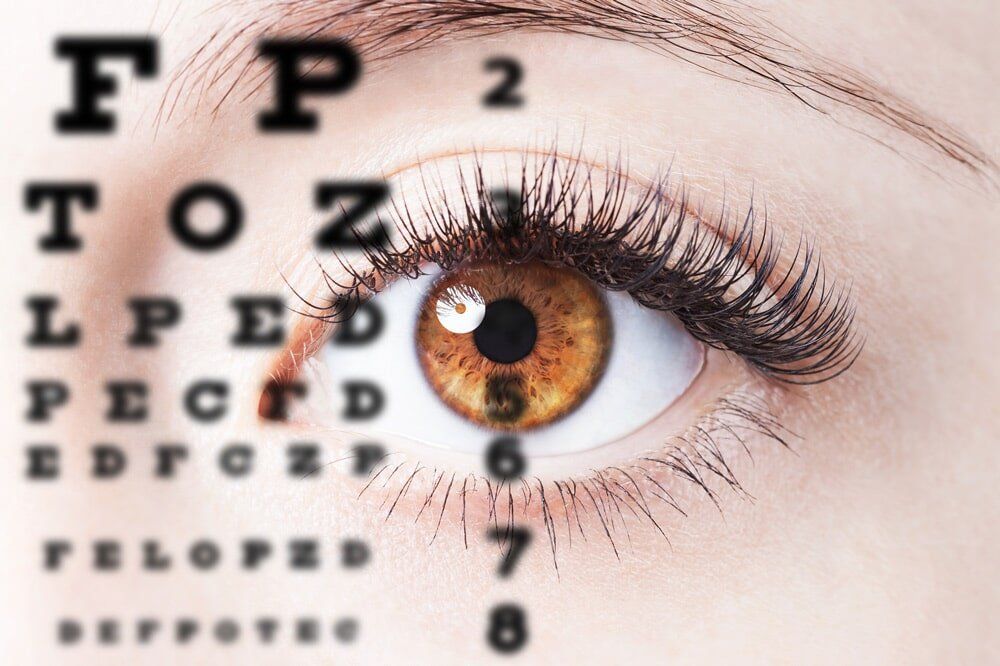 A close up of a woman 's eye with letters and numbers around it
