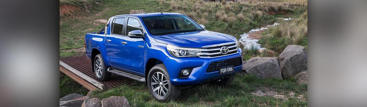 Blue Toyota Hilux truck parked on grass next to a stream.