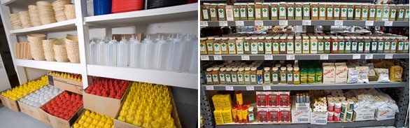 baskets, squeeze bottles
