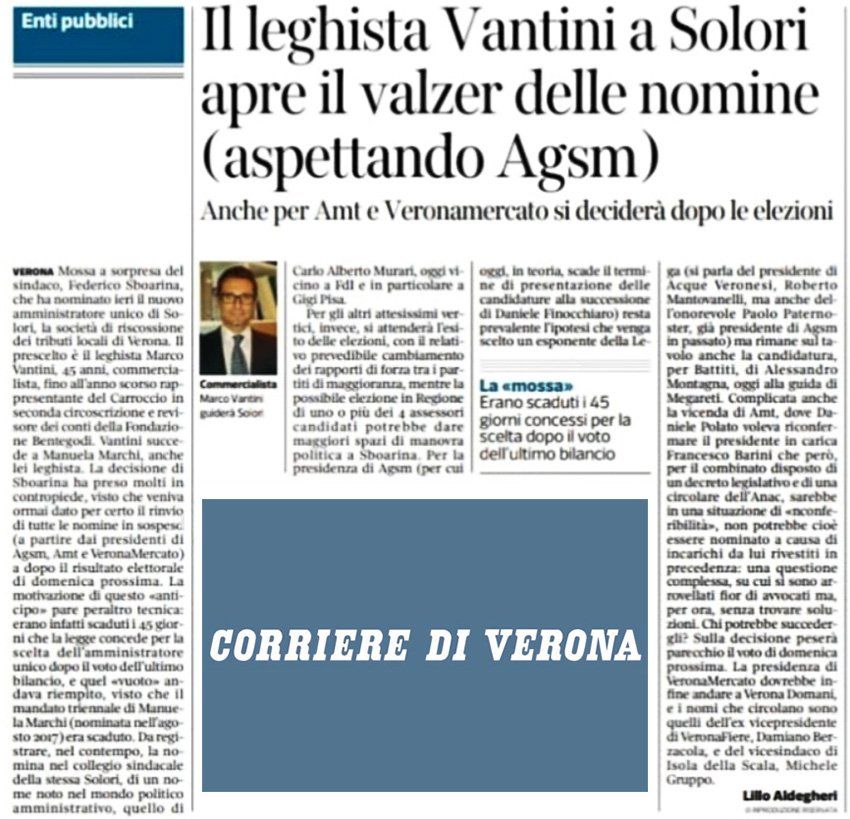 A newspaper article titled il leghista vantini a solori apre il valzer delle nomine
