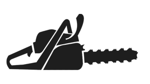 a black and white silhouette of a chainsaw on a white background .