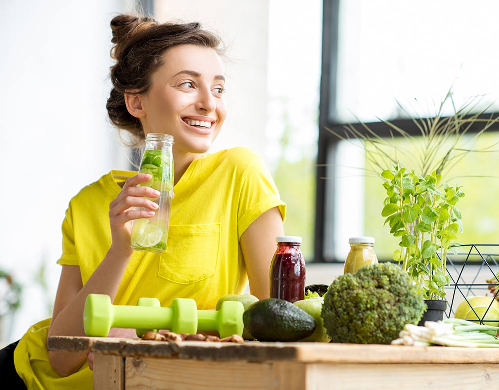 happy woman drinking juice