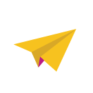 A yellow paper airplane with a purple tail on a white background.