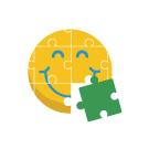 A smiley face made out of puzzle pieces is holding a puzzle piece in its mouth.