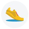 A yellow running shoe is standing on a blue surface.