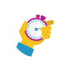 A hand is holding a stopwatch and pointing at it.