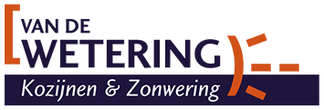 A blue and orange logo for van de wetering kozijnen & zonwering