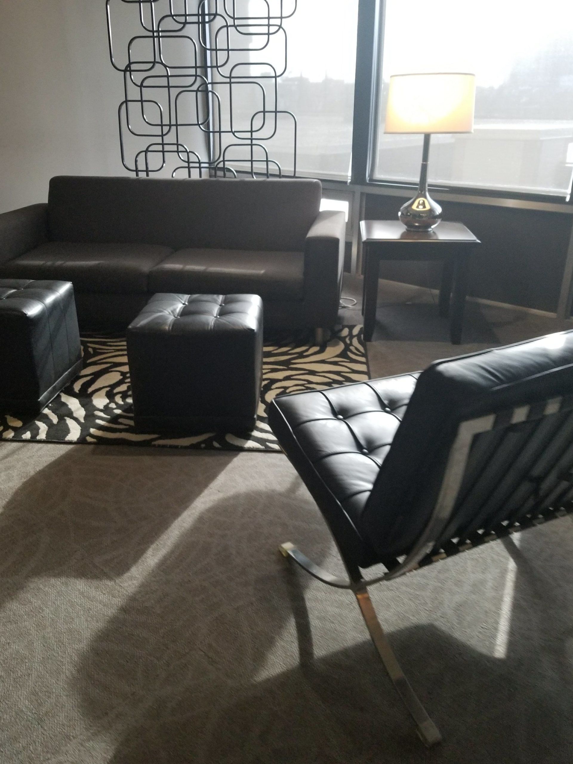 Living room with black leather furniture, dark gray sofa, zebra rug, and a window.
