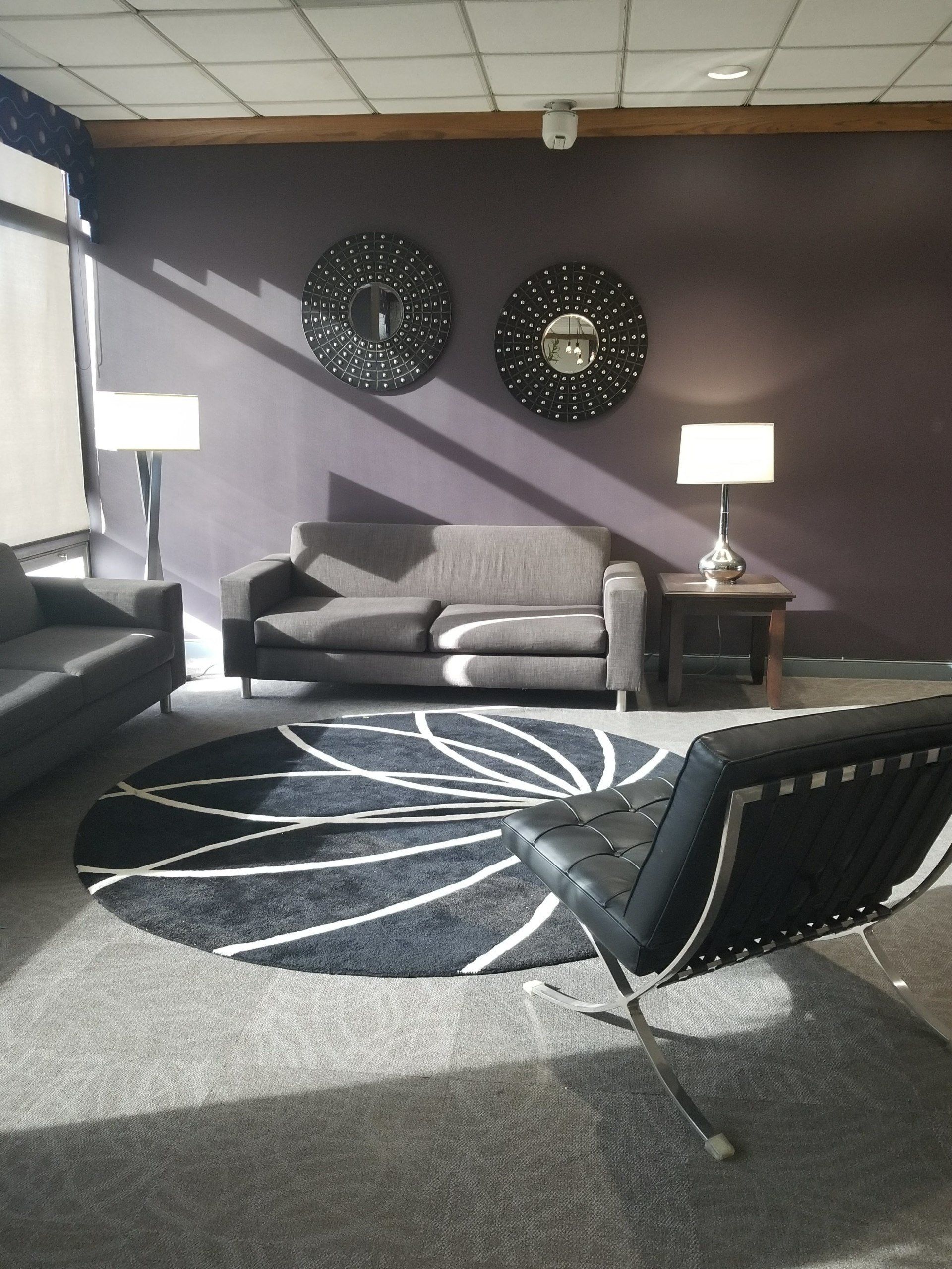 black and white color palate custom interior design with lotus rug and two couches by dismantle furniture