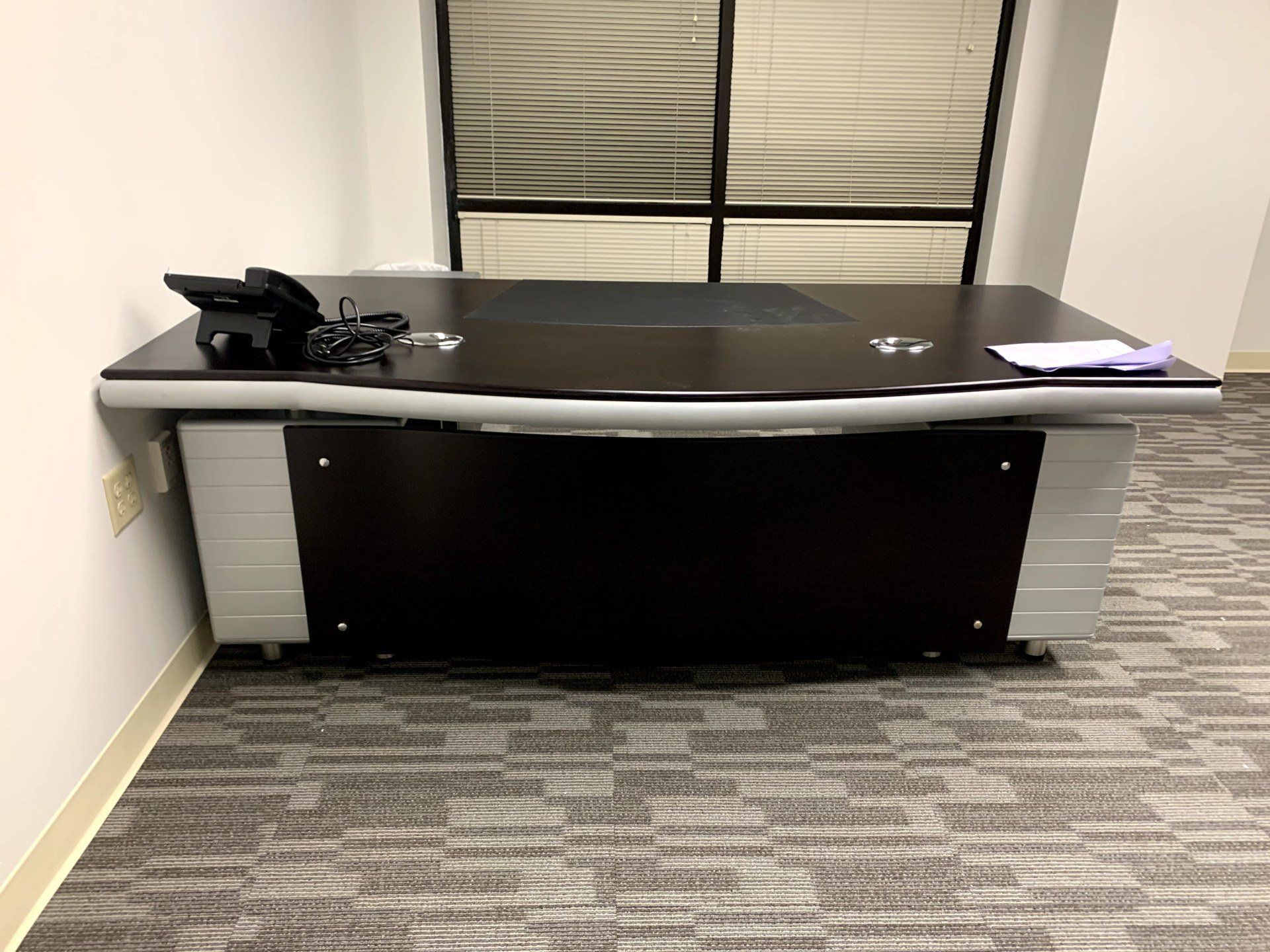 Right turn black oak ZURI Kennedy desk with gray trim by furniture assembly team