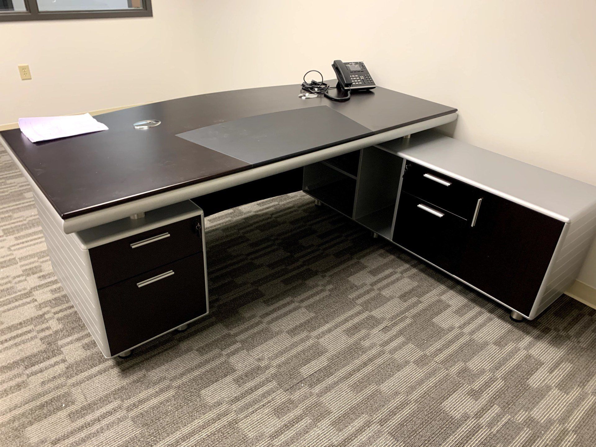 black oak ZURI Kennedy desk with gray trim by furniture assembly team