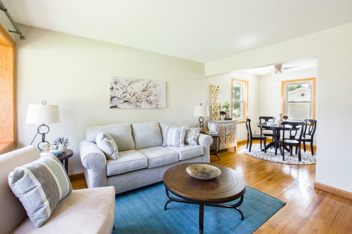 Sofa, round wood coffee table and dining set disassembly