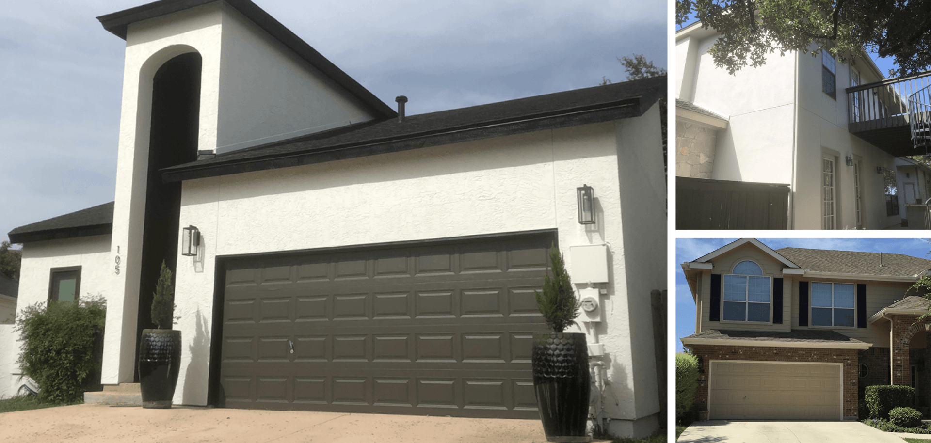 A collage of three residential home exteriors with stucco walls and various garage designs.