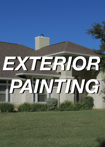 A single-story suburban home under a clear blue sky, with white text overlay reading 