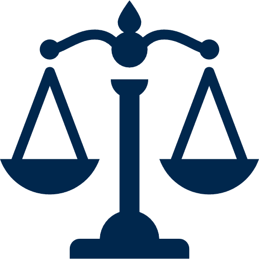 Justitia-Waage, dunkelblaue Silhouette.
