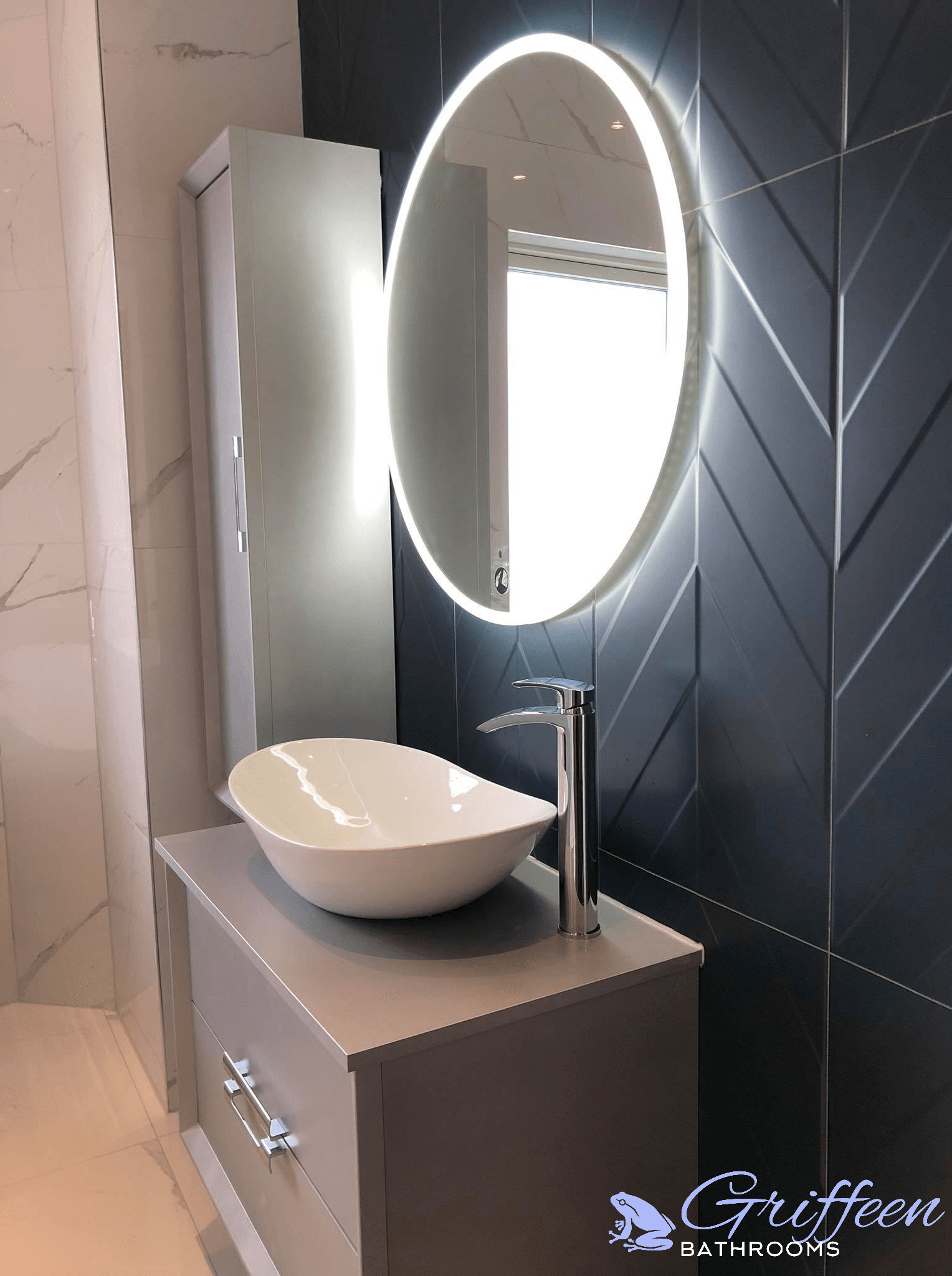 LED mirror, Round mirror, free standing basin, bathroom, bathroom renovation, chevron tiles