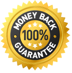 A gold and black money back guarantee seal on a white background.