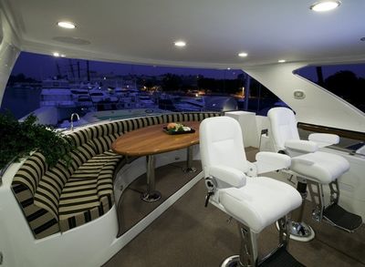 Modern seating on a boat with a round table and wide window