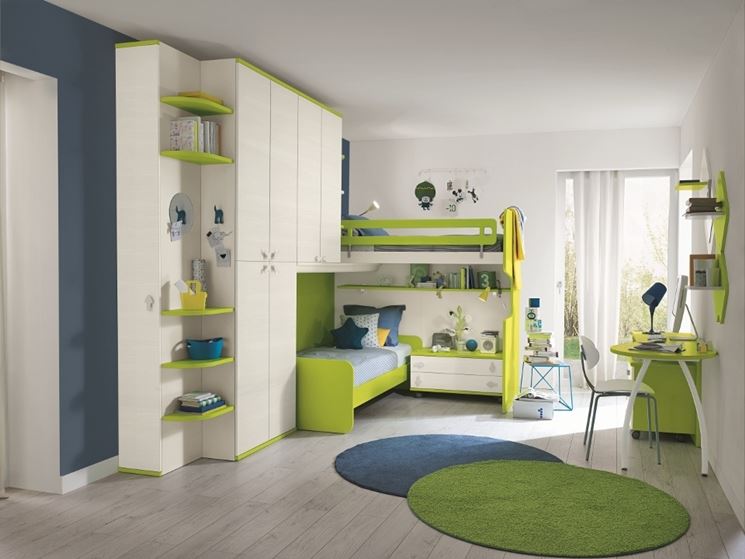 Camera da letto con letto a castello, scrivania e contenitore nei colori bianco e verde lime; parete con dettagli blu e due tappeti rotondi.