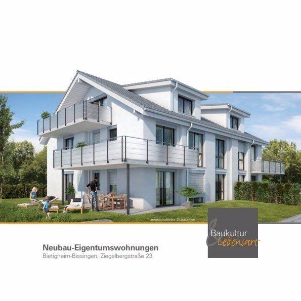 A white house with a balcony and the words neubau eigentumswohnungen on the bottom