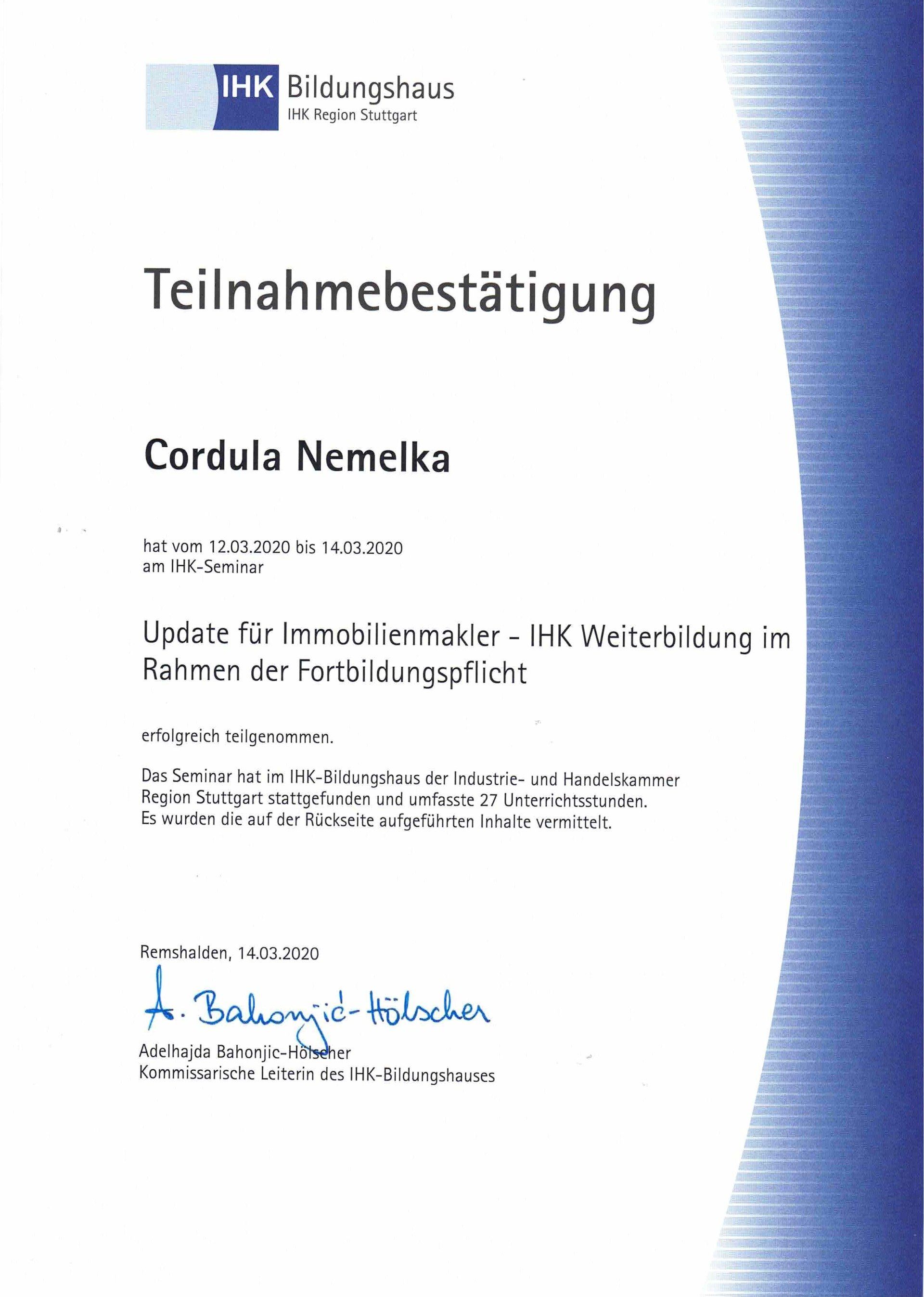 A blue and white certificate with the name cordula nemelka on it