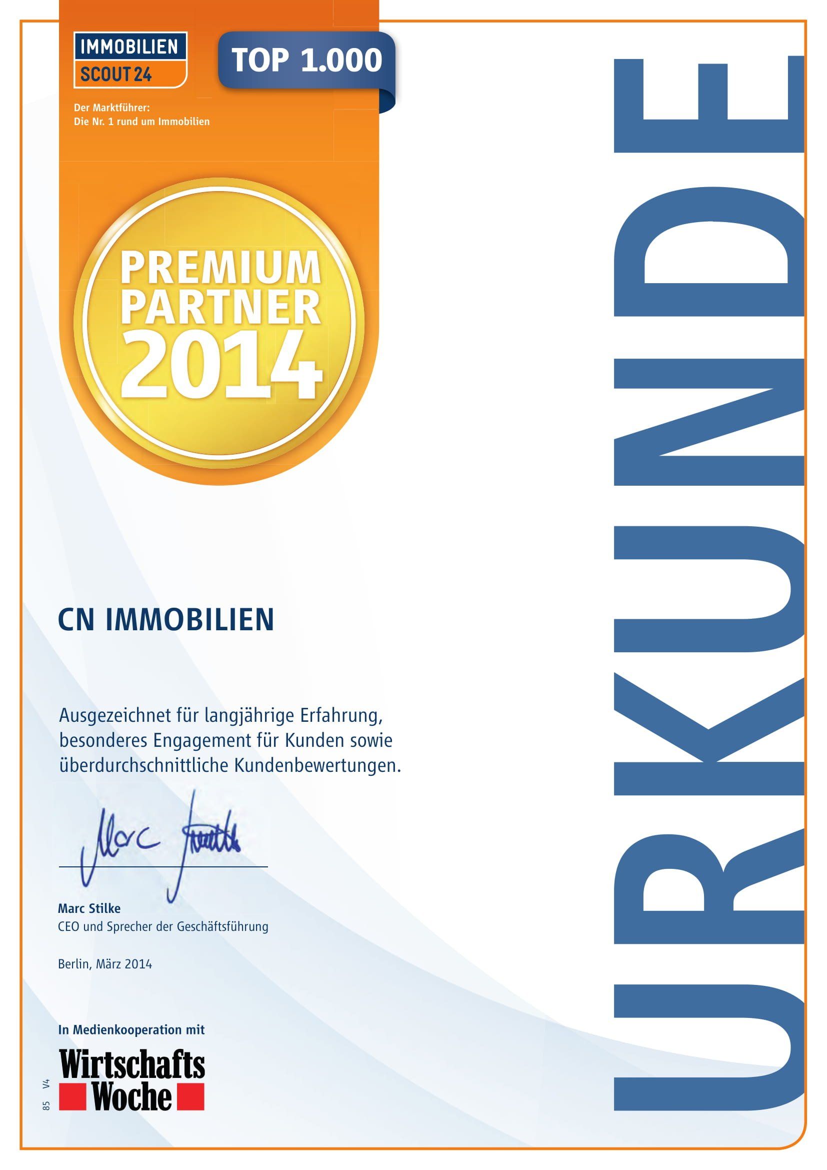 A certificate that says premium partner 2014 on it