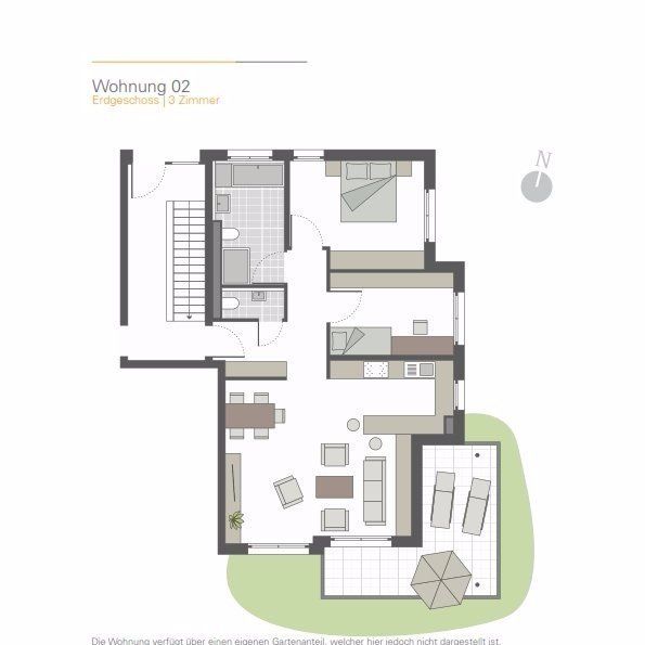 A floor plan of a house with furniture and an umbrella.