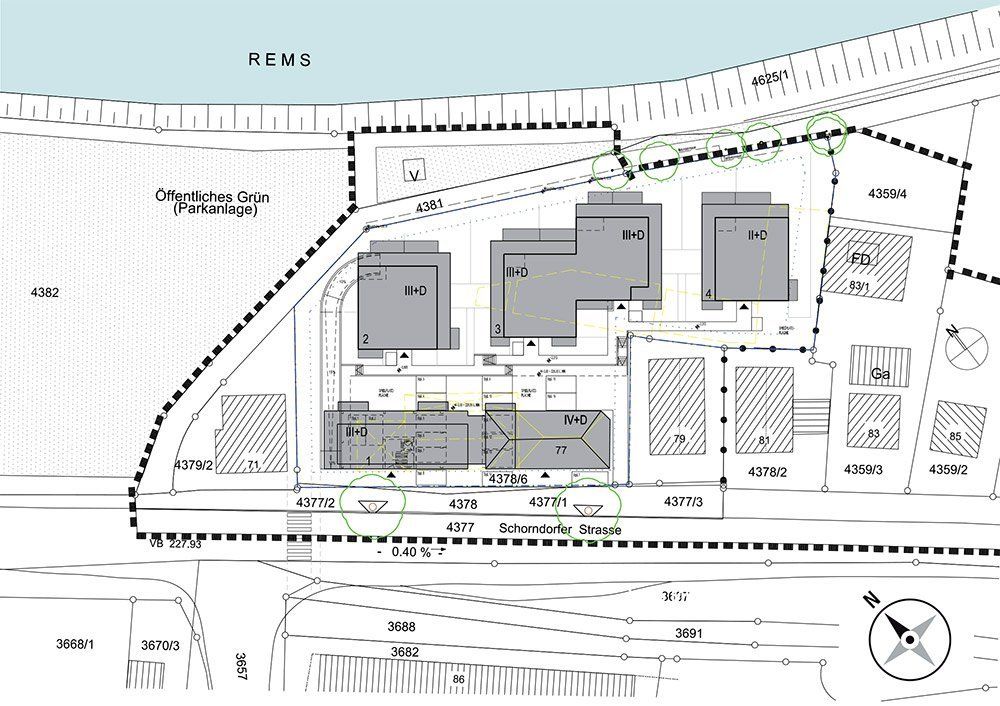 A black and white drawing of a residential area
